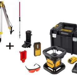 DeWalt Laser Rotatif DCE074D1R-SET 18V 2.0Ah Li-Ion Laser Rouge Rotatif Entièrement Automatique (intérieur) + DE0737 Bâton De Mesure + DE0736 Trépied En Aluminium 5/8".