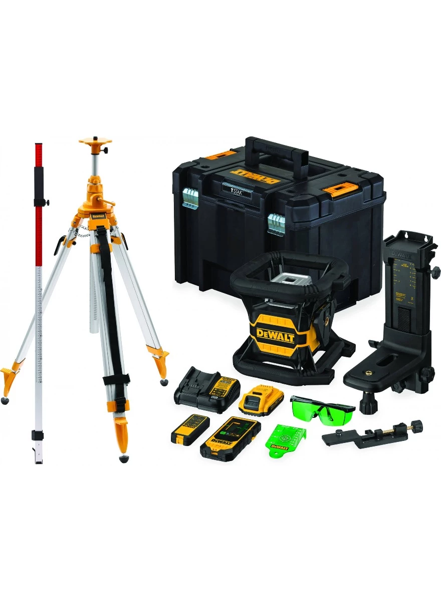 DeWalt Laser Rotatif DCE080D1GS-SET 18V 2.0Ah Li-Ion Laser Vert Rotatif + DE0737 Bâton De Mesure + DE0735 Trépied 5/8". 1 DeWalt Laser Rotatif DCE080D1GS-SET 18V 2.0Ah Li-Ion Laser Vert Rotatif + DE0737 Bâton De Mesure + DE0735 Trépied 5/8".